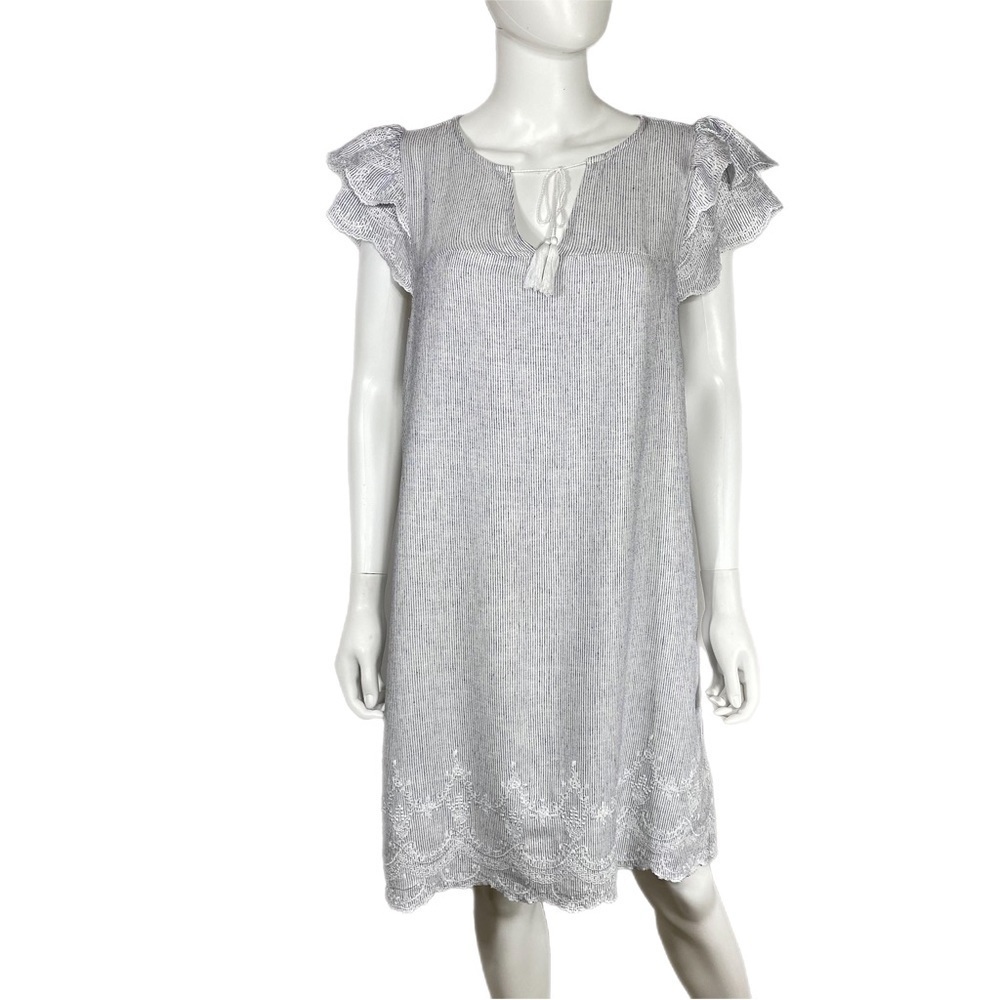 Old Navy White w/ Navy Blue Pin Stripe Scalloped Ruffle Sleeve Linen Blend Dress